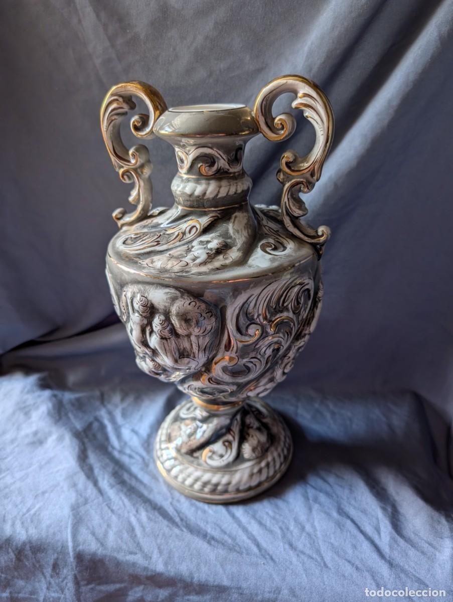 Vintage: Jarr&oacute;n Porcelana Alcoba&ccedil;a Portugal 30 cm | Querubines en Relieve | Estilo Rococ&oacute; con Dorados