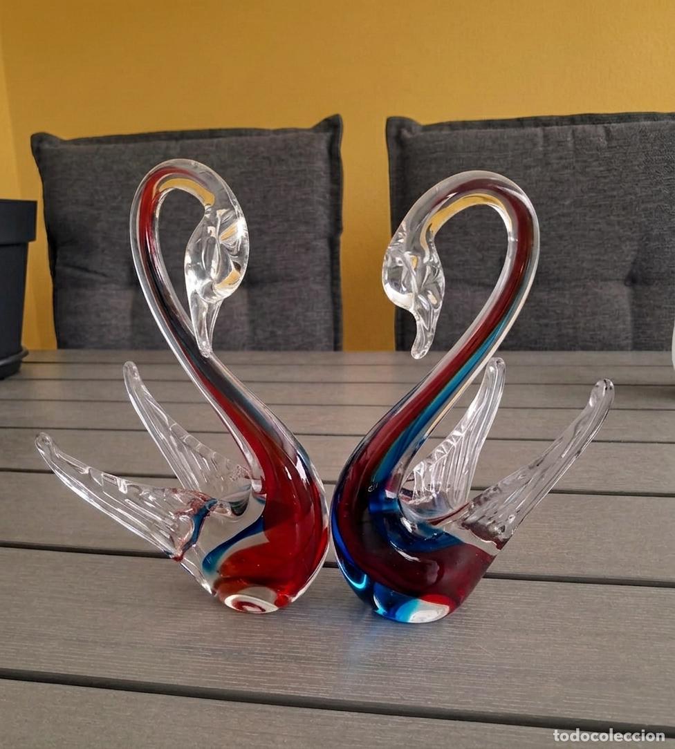 Vintage: Pareja de Cisnes de Cristal de Murano. Italia, 1994. Con etiqueta original.