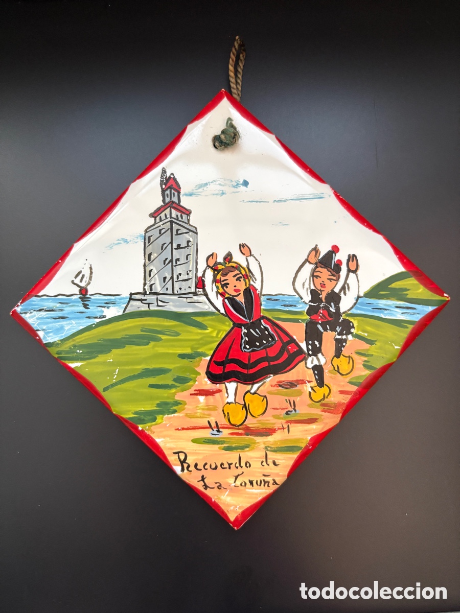Vintage: (L884) Azulejo cer&aacute;mica Recuerdo La Coru&ntilde;a Torre H&eacute;rcules 11x11cm
