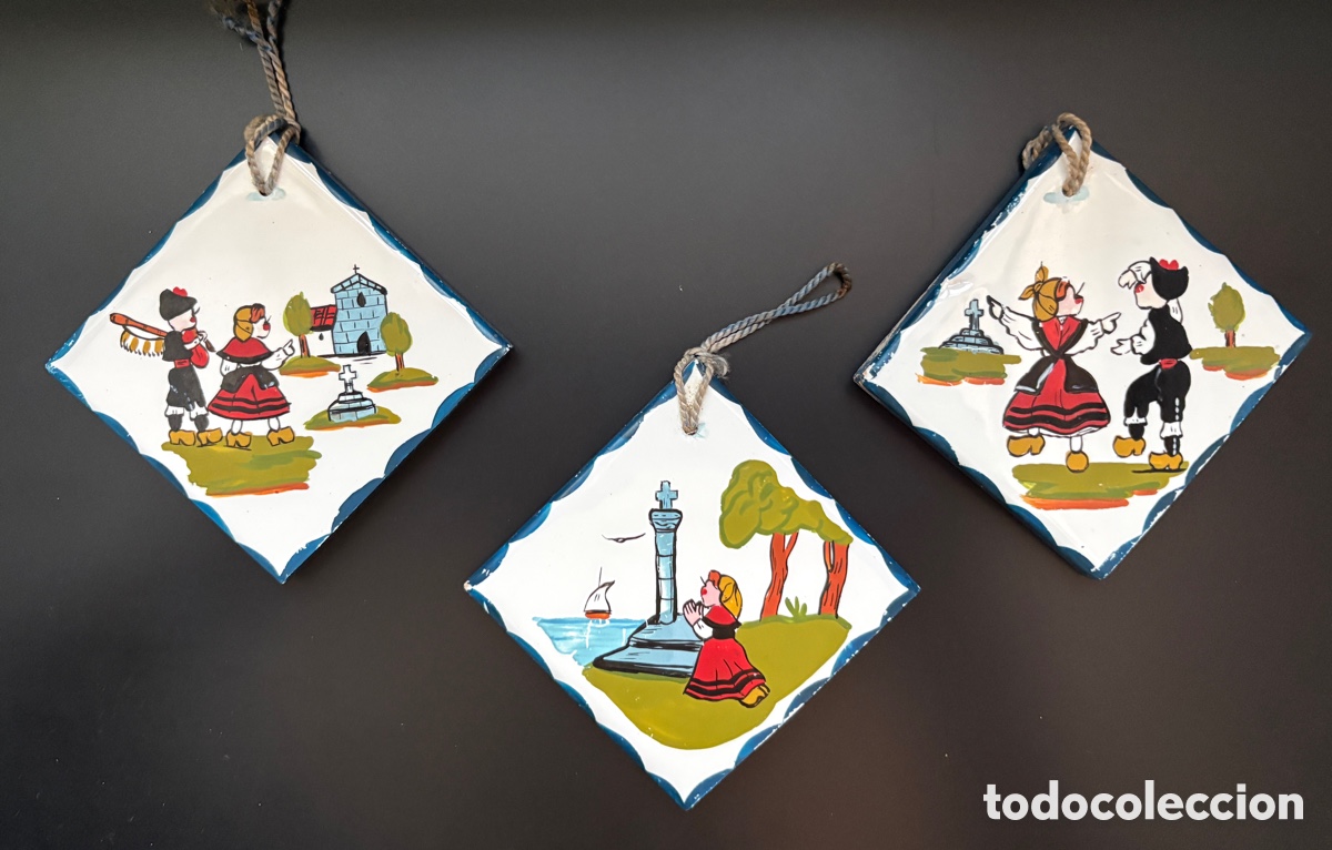 Vintage: (L885) Conjunto de 3 azulejos cer&aacute;mica motivo regional gallego 7,5cm
