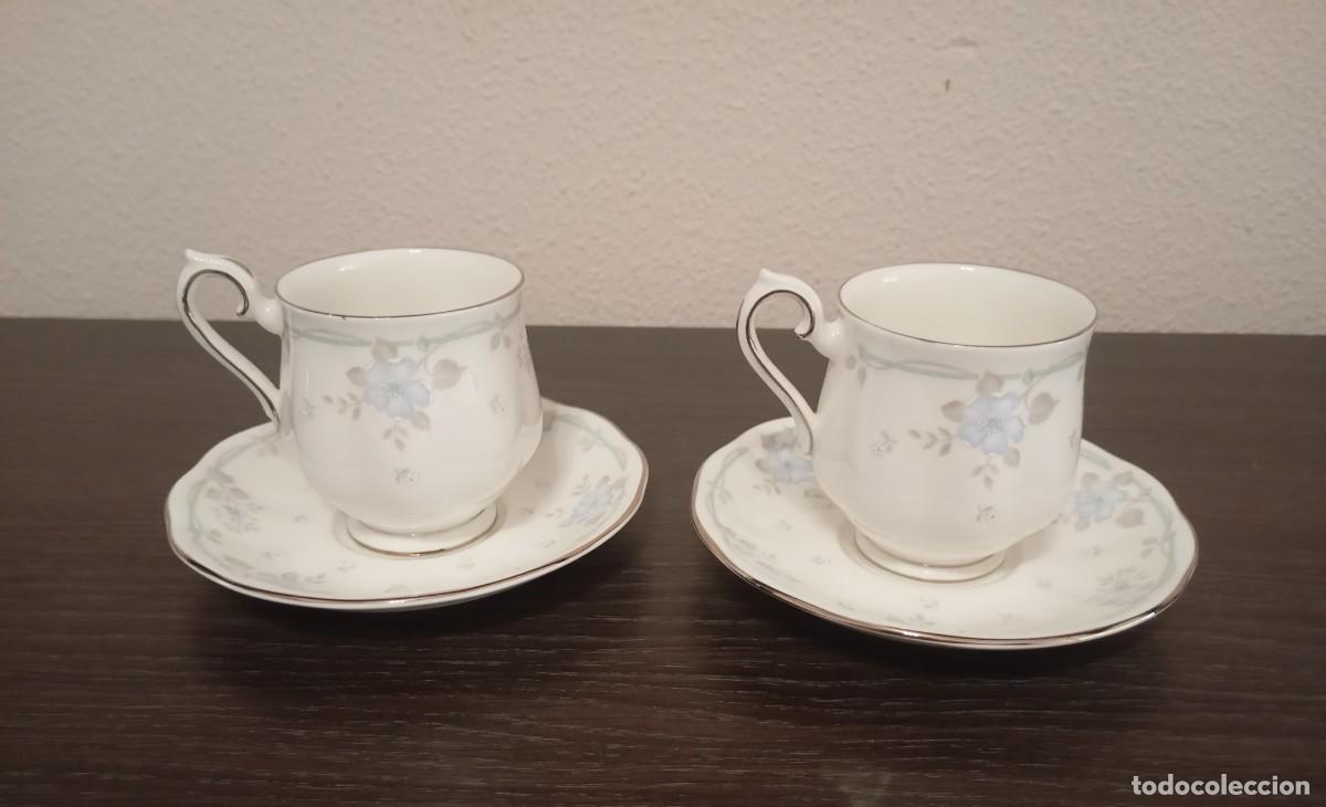 Vintage: PRECIOSO JUEGO DE 2 TAZAS+2oLATILLOS DE T&Eacute; DE PORCELANA FINA, ROYAL ALBERT PATR&Oacute;N SATIN ROSE,VINTAGE