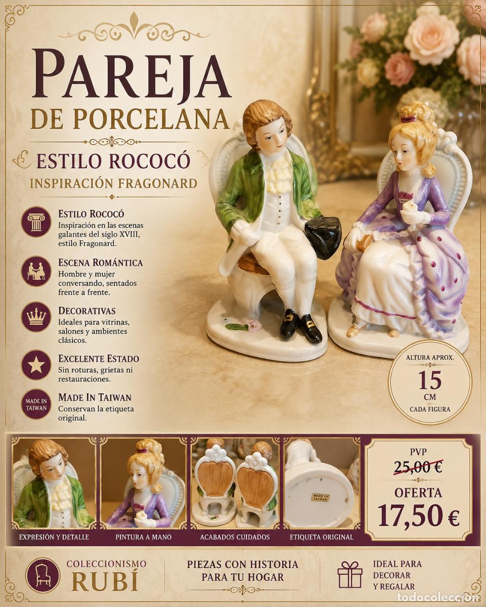 Vintage: PAREJA FIGURAS PORCELANA ESTILO ROCOC&Oacute; | HOMBRE Y MUJER | ESTILO FRAGONARD | MADE IN TAIWAN | 15 CM
