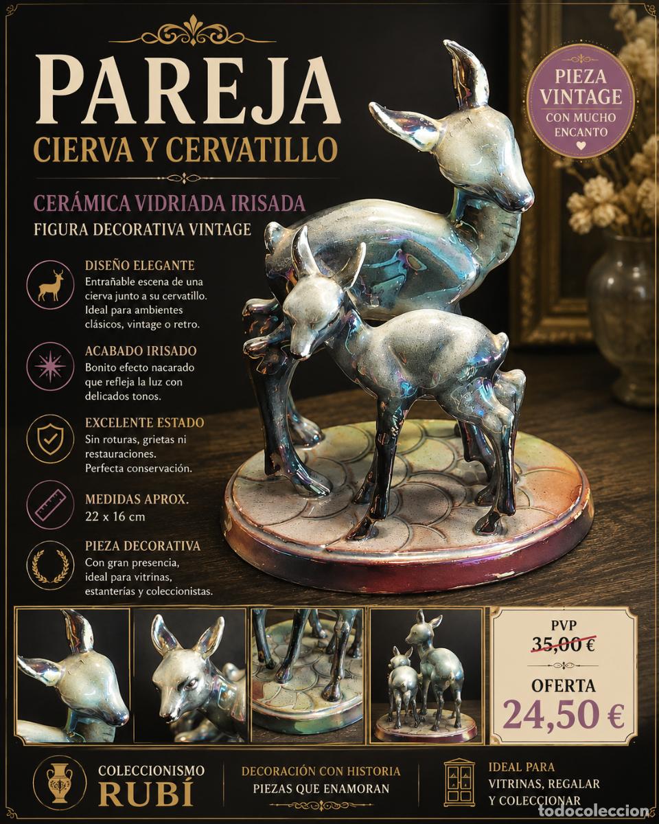 Vintage: PAREJA CIERVA Y CERVATILLO | CER&Aacute;MICA VIDRIADA IRISADA | FIGURA VINTAGE | 22 X 16 CM