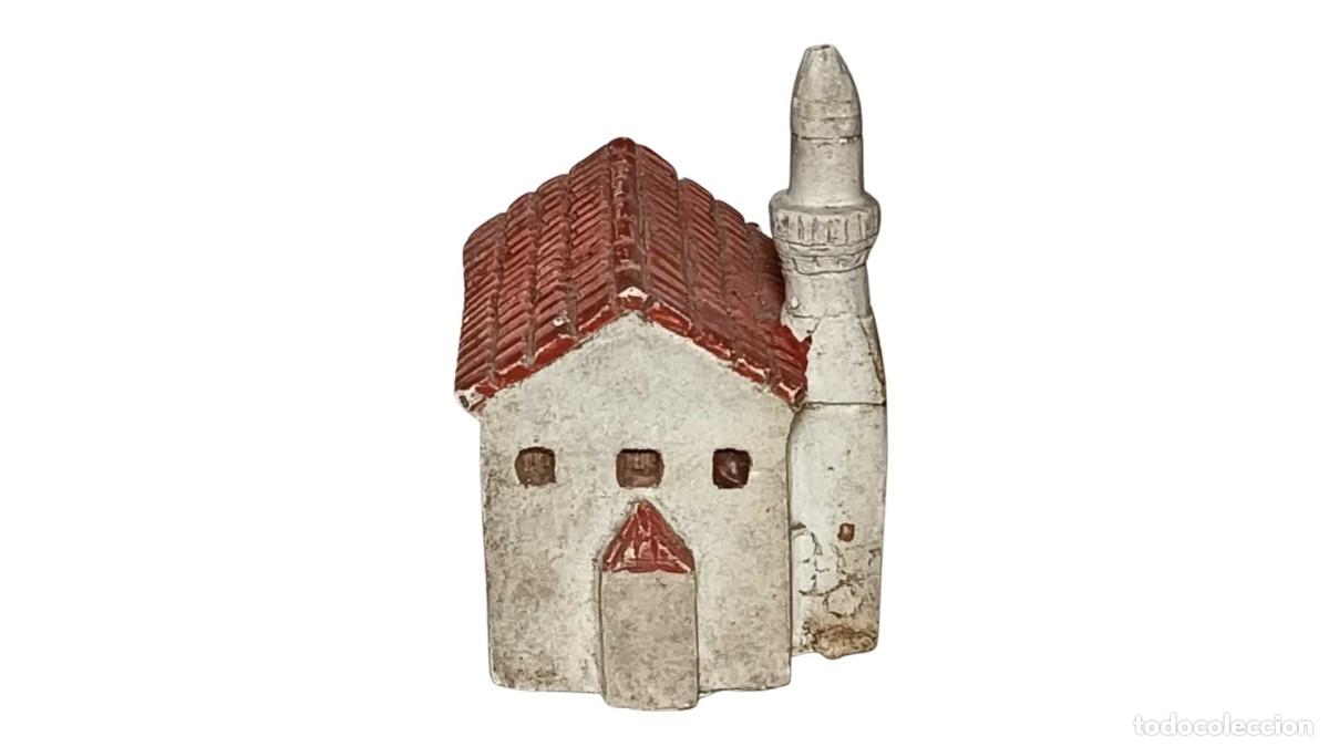 Vintage: FIGURA DE CER&Aacute;MICA IGLESIA R&Uacute;STICA CON CAMPANARIO - TEJADO DE TEJA ROJA - VINTAGE A&Ntilde;OS 70-80