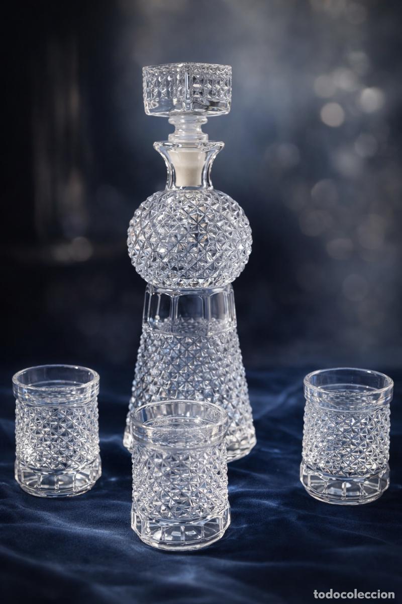 Vintage: Decantador de vidrio transparente, botella con 3 vasos de vidrio