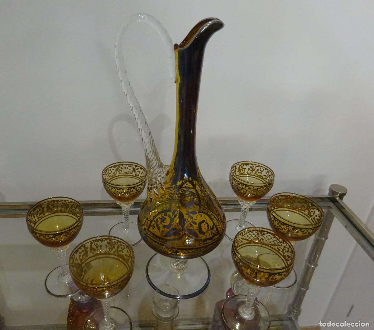 Vintage: ORIGINAL JUEGO DE JARRA Y 6 COPAS CRISTAL MURANO A&Ntilde;OS 70, SOLO RECOGIDA PERSONAL EN MADRID