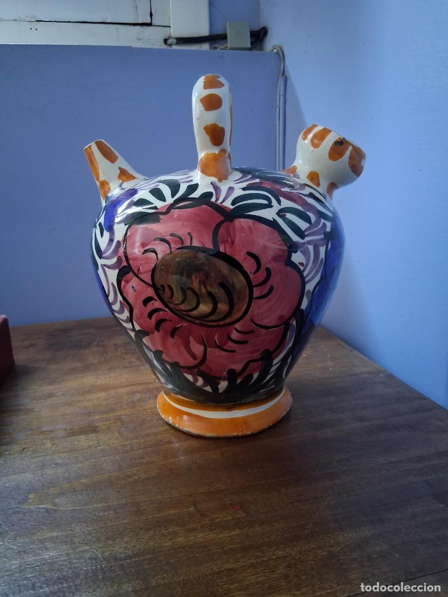 Vintage: Botijo de cer&aacute;mica espa&ntilde;ola pintado esmaltado dise&ntilde;o floral tradicional de Murcia o Valencia