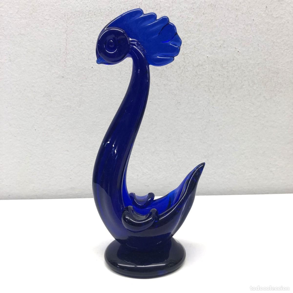 Vintage: PRECIOSO GALLO - AVE EN CRISTAL DE MURANO AZUL - PIEZA DE DISE&Ntilde;O - 24 X 11 X 9 CM