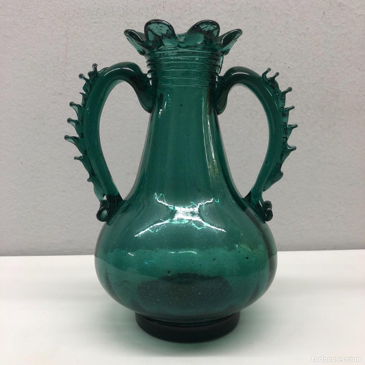 Vintage: PRECIOSA JARRA DE CRISTAL MALLORQU&Iacute;N - VERDE - CENTRO DE MESA - 22 X 17 X 14 CM