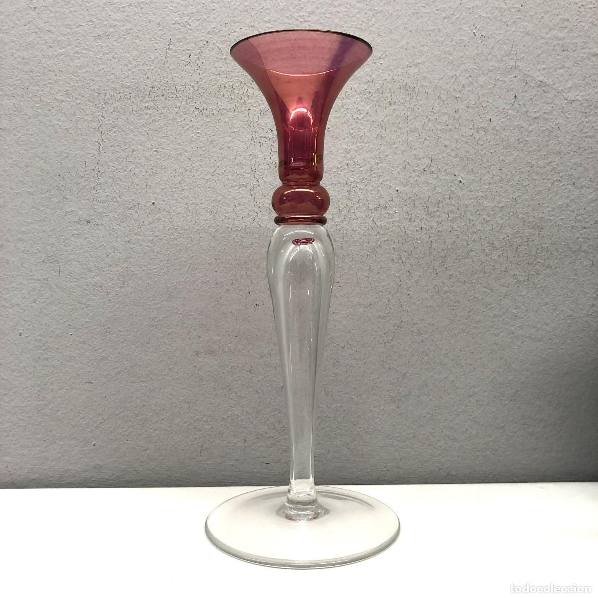 Vintage: PRECIOSO CANDELABRO DE CRISTAL BICOLOR - ROSA - DISE&Ntilde;O - A&Ntilde;OS 50-60 - 29 X 12 X 12 CM
