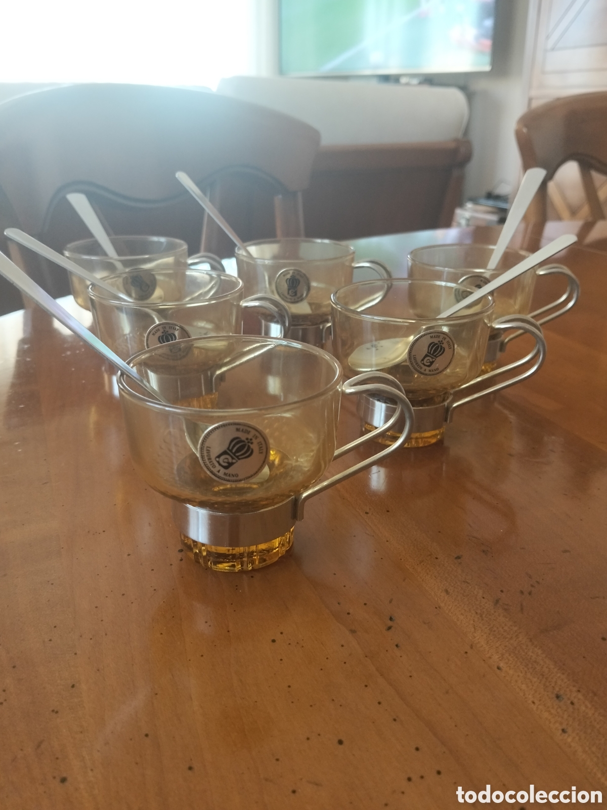 Vintage: Juego 6 Tazas Caf&eacute; Espresso Cristal &Aacute;mbar Y Metal Vintage A&ntilde;os 60 - Sello Made In Italy Lavorato A M