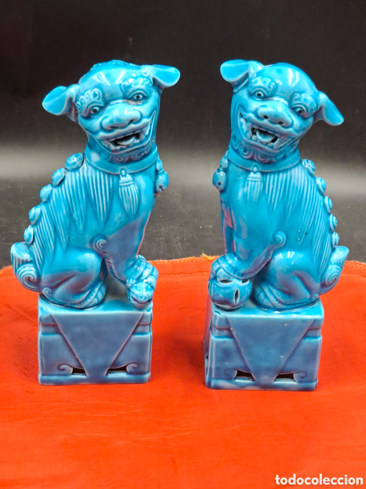 Vintage: Pareja perros Foo leones guardianes porcelana azul 16 cm