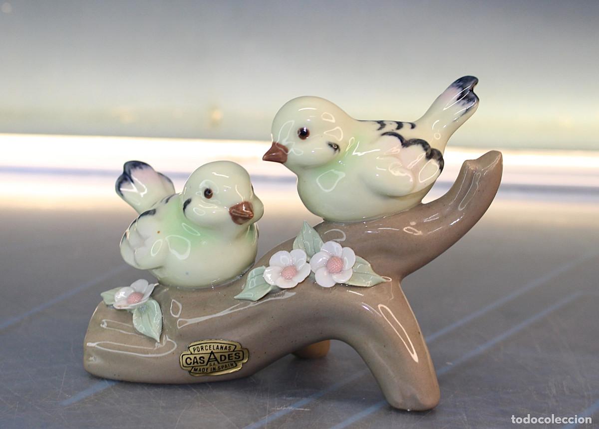 Vintage: 17. Porcelana Casades: Pareja de p&aacute;jaros en una rama. Vintage.