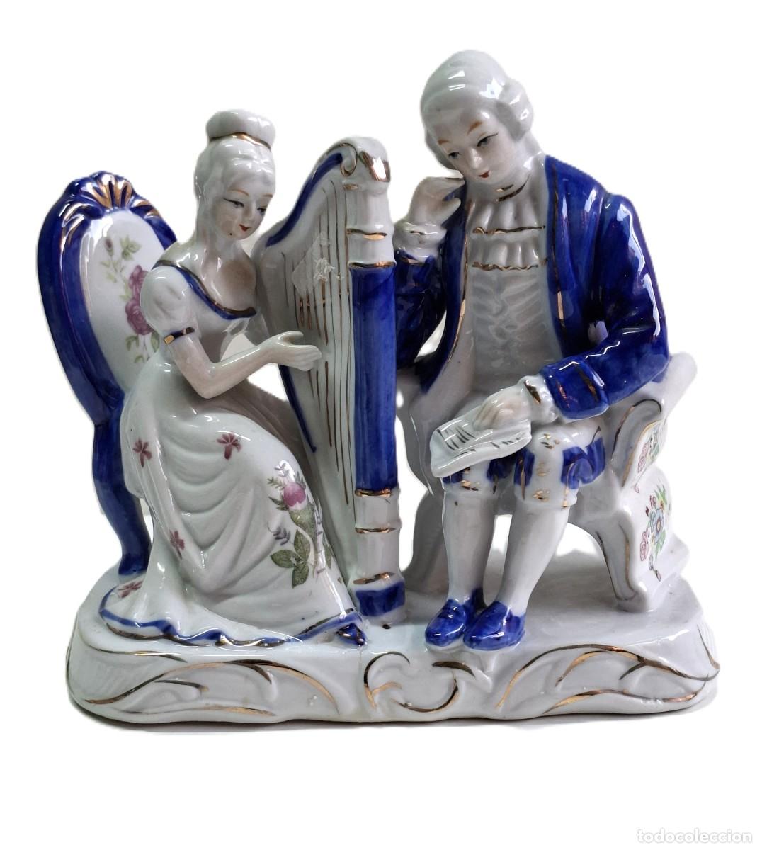 Vintage: Serenata de m&uacute;sica de porcelana estatuas victorianas maestra de m&uacute;sica y dama tocando arpa