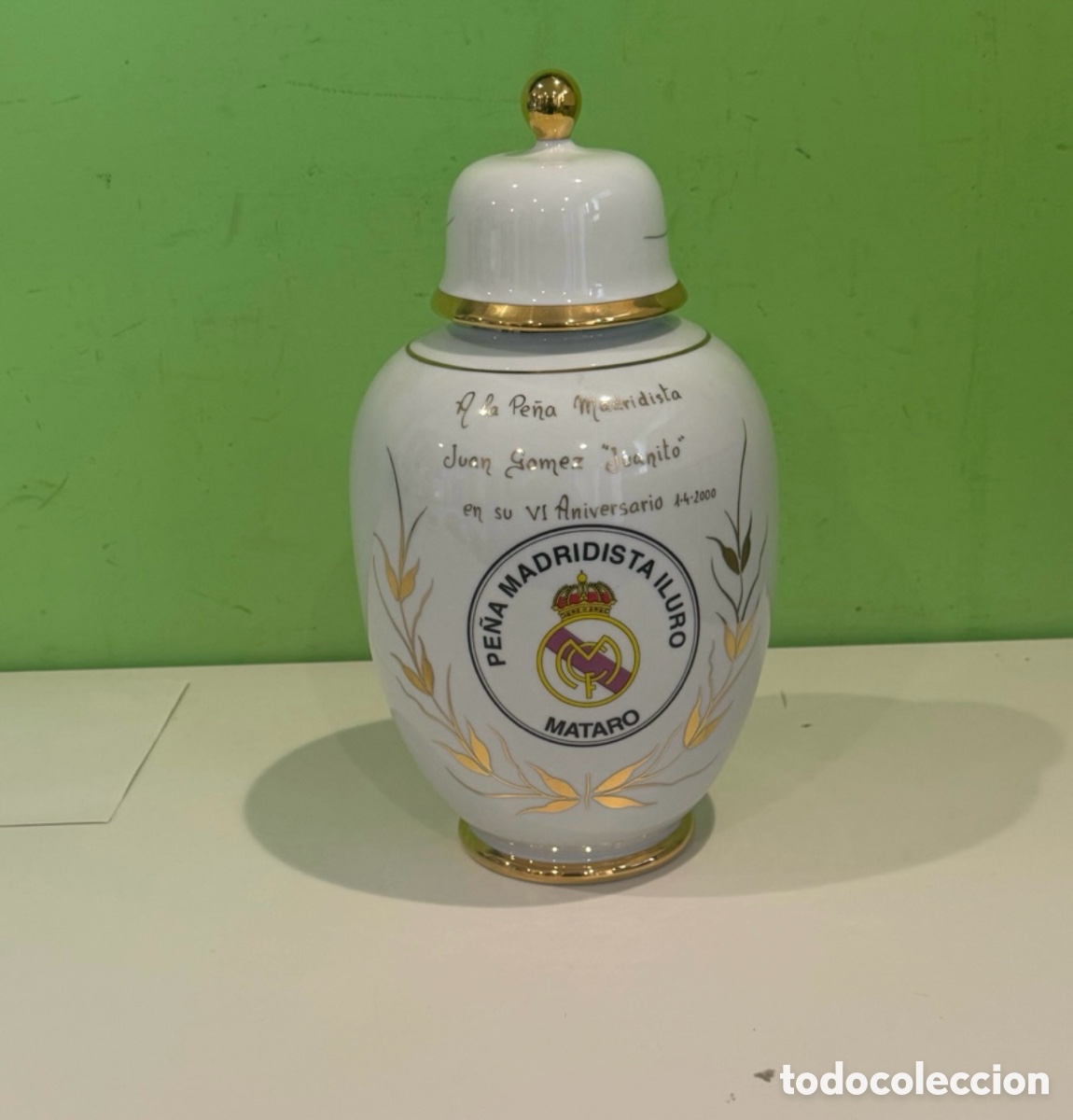 Vintage: Tibor porcelana S&B Oro de Ley Pe&ntilde;a Madridista Iluro Juanito 2000 Original 40 cm