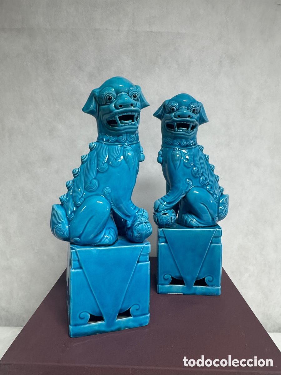 Vintage: Pareja de estatuas perros Fu - Foo en porcelana. Altura: 26 cm.