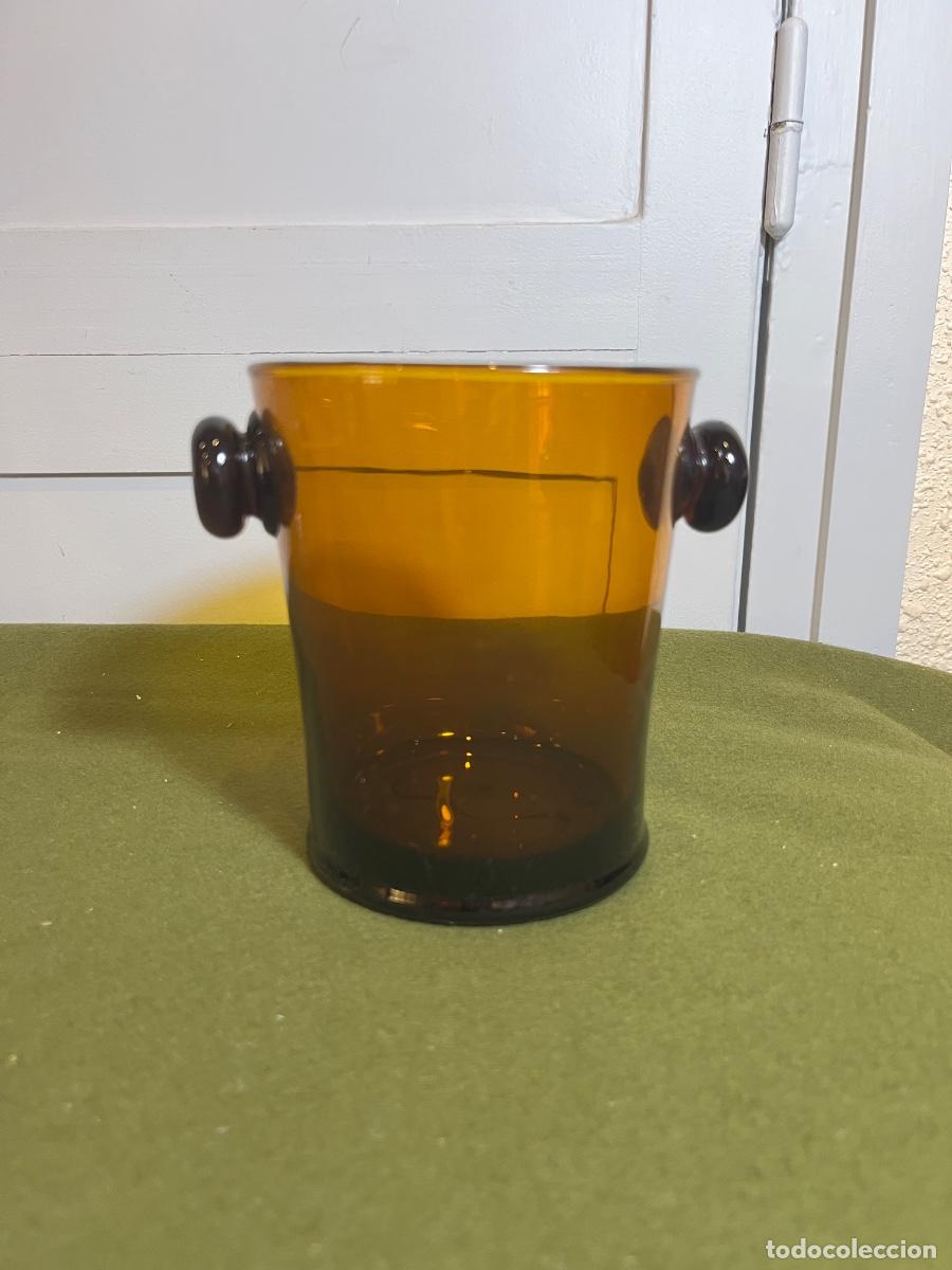 Vintage: Cubitera vintage de cristal &aacute;mbar con asas de bot&oacute;n &ndash; Hielera retro a&ntilde;os 60-70 &ndash; Vidrio prensado