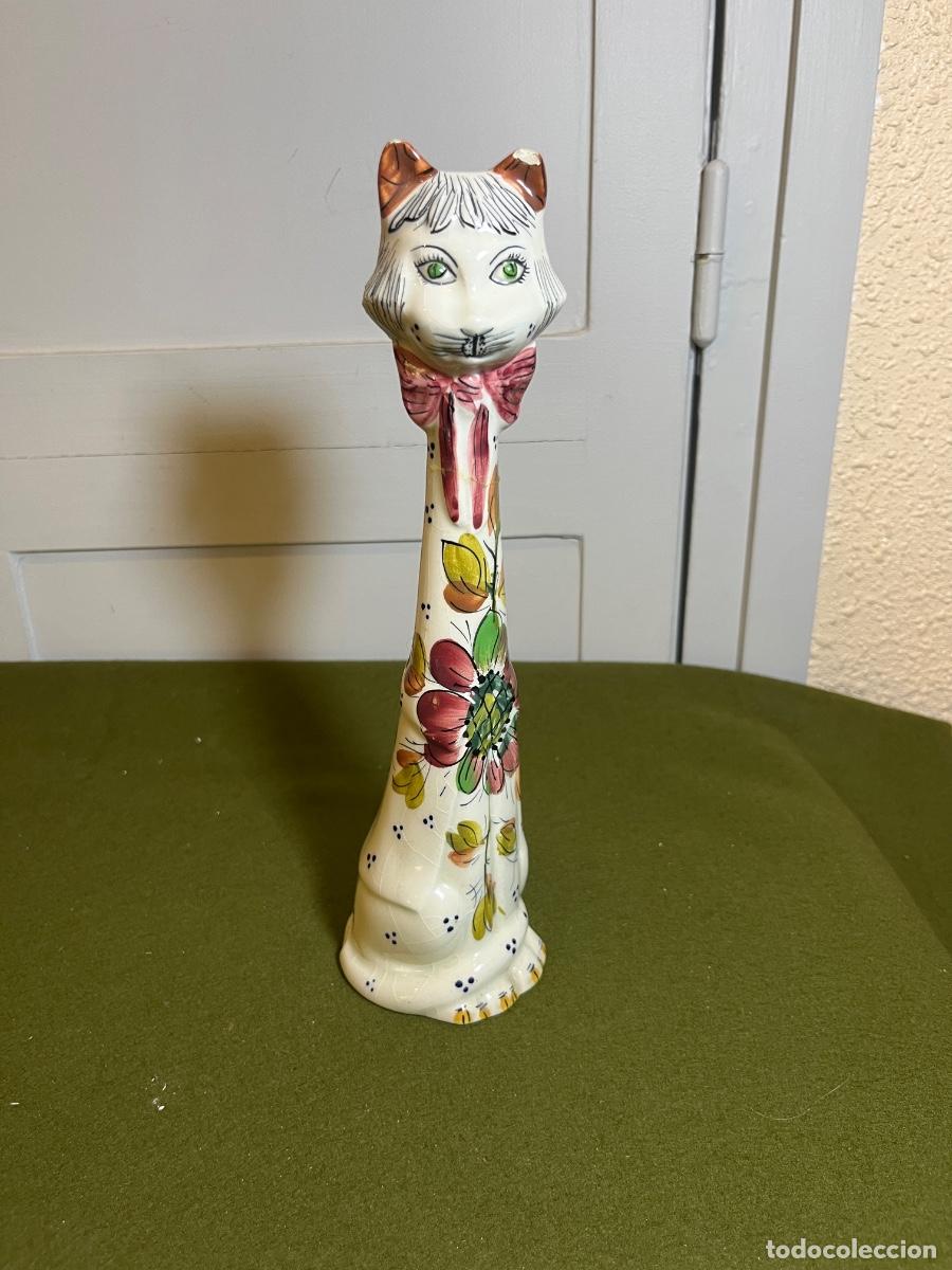 Vintage: Figura gato de cer&aacute;mica Enma cuello largo pintado a mano Made in Spain vintage a&ntilde;os 70
