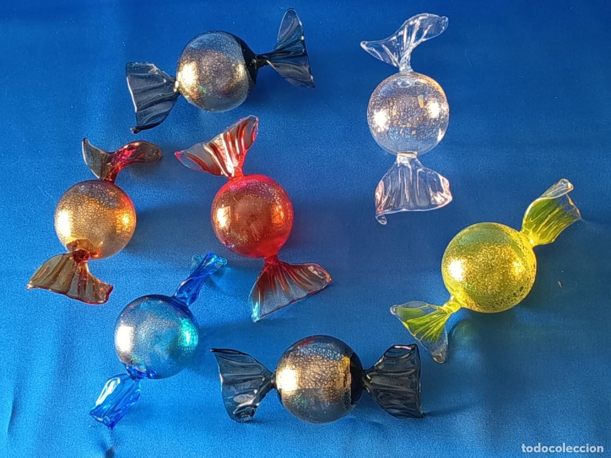 Vintage: SIETE GRANDES CARAMELOS DE VIDRIO SOPLADO DE DIVERSOS COLORES. VINTAGE