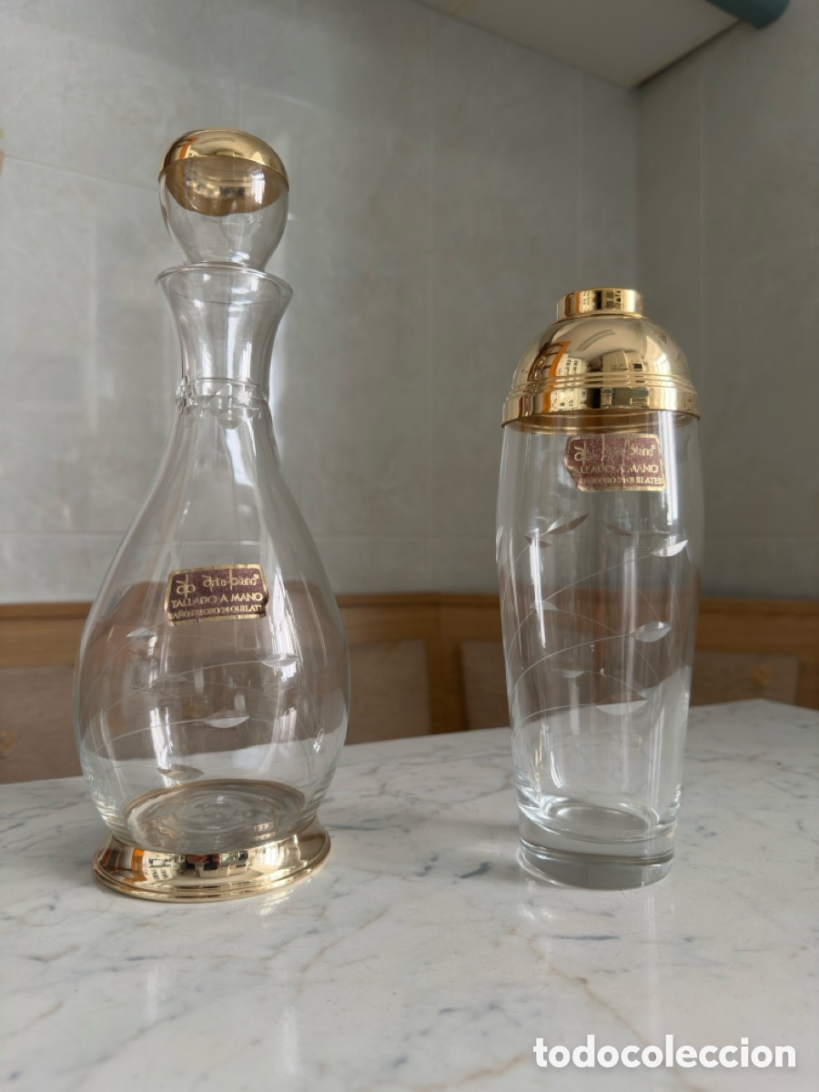 Vintage: Set Vintage Licorera y Coctelera Cristal Tallado a Mano y Oro