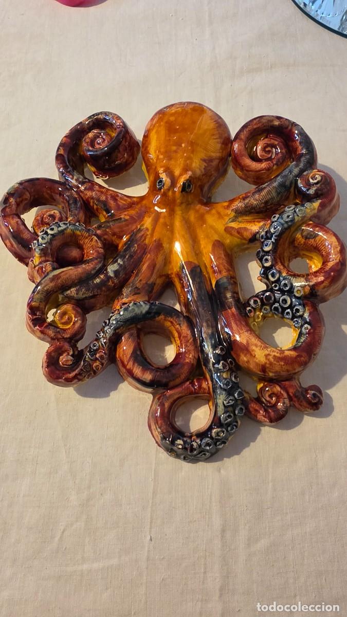 Vintage: Gran Escultura Pulpo de Cer&aacute;mica Esmaltada de Pared Pieza de Autor Firmada Vintage