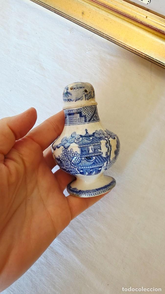Vintage: Antiguo Salero &rdquo;Blue Willow&rdquo; de Loza Azul y Blanca - S. XIX con Tap&oacute;n de Corcho Original