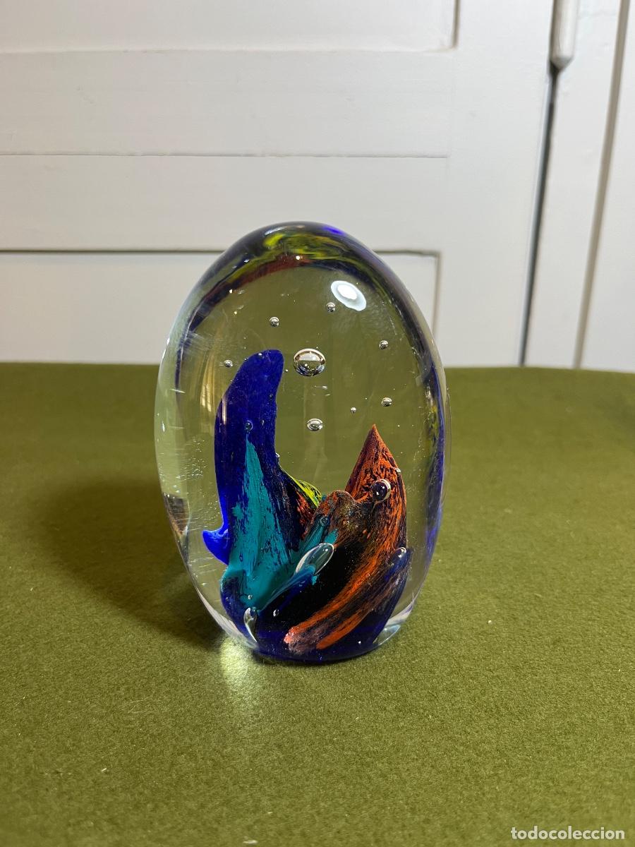 Vintage: Pisapapeles de Cristal Art&iacute;stico Estilo Murano Sommerso con Burbujas y Venturina Vintage