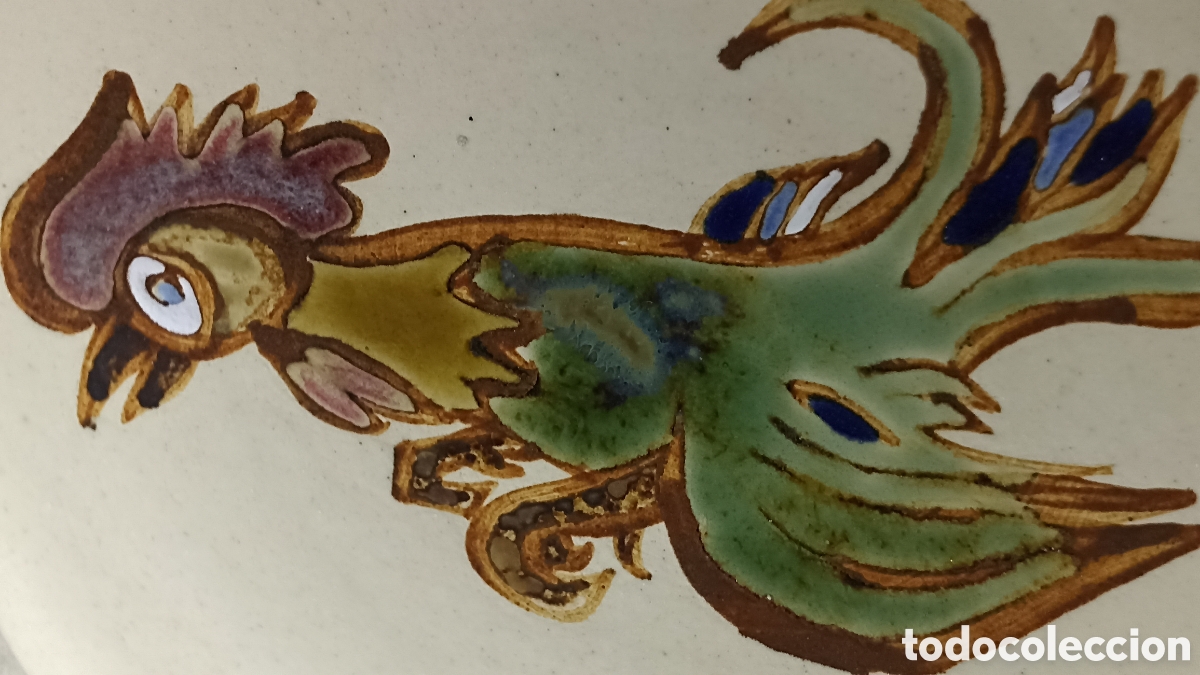 Vintage: Gallo plato artesanal pintado a mano