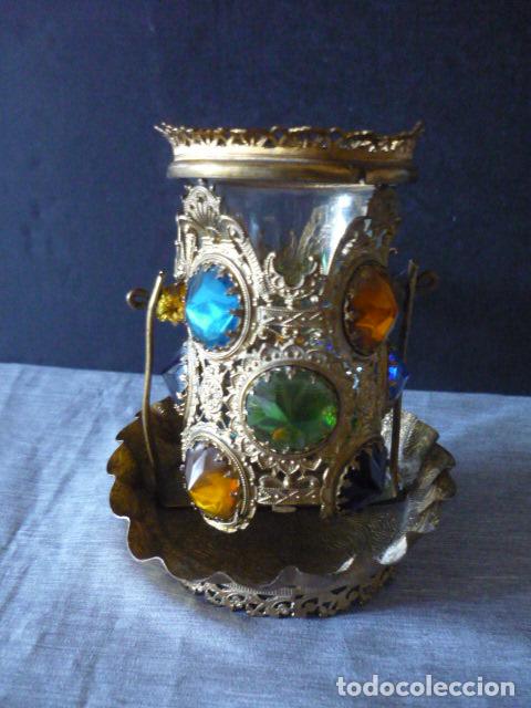 Vintage: PALMATORIA DE CRISTAL Y METAL CON PIEDRAS DE VIDRIO DE COLORES 18CM LARGO X 14 CM ALTO 7 CM DIAMETRO