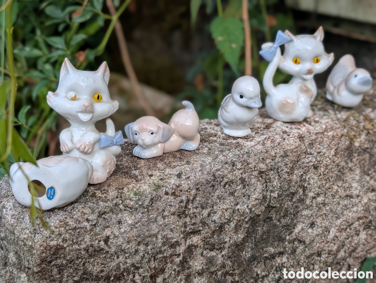 Vintage: Lote 5 Figuras de Porcelana Japonesa Vintage &rdquo;Made in Japan&rdquo;: Gatitos, Perrito y Patitos