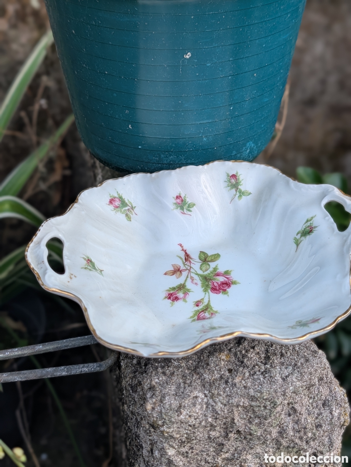 Vintage: Bandeja de Porcelana Gallega Capeans con Asas y Motivo de Rosas (19 cm)