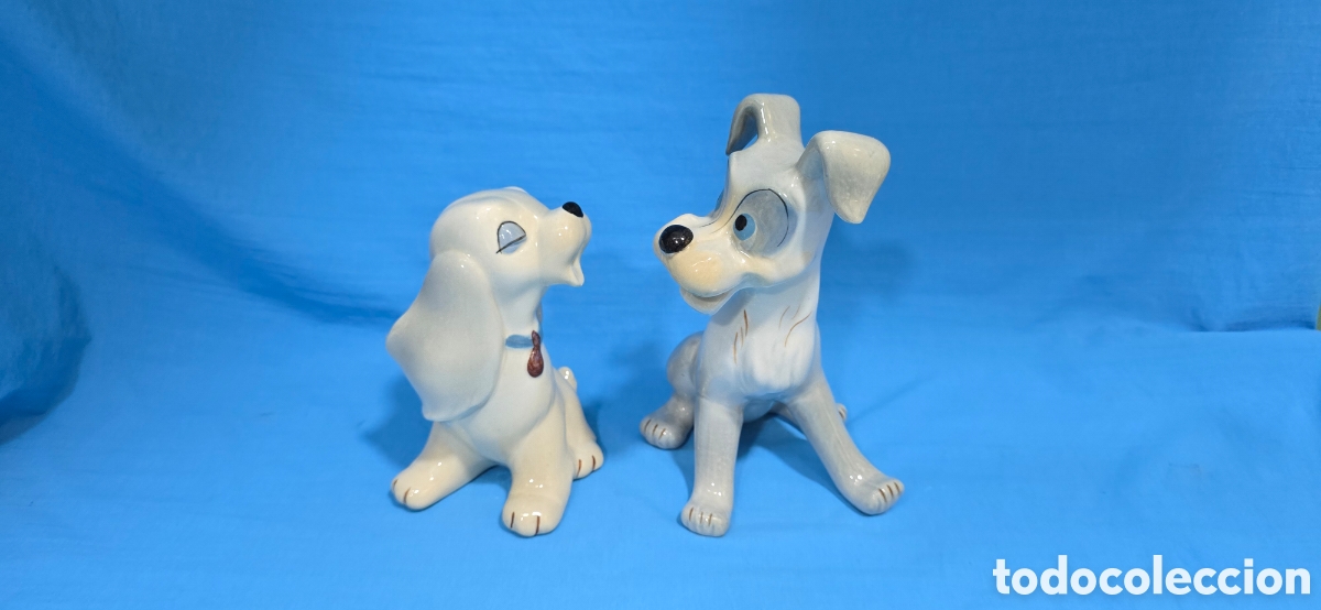 Vintage: PAREJA DE FIGURAS PERSONAJES LA DAMA Y EL VAGABUNDO EN PORCELANA CON SELLO DISNEY