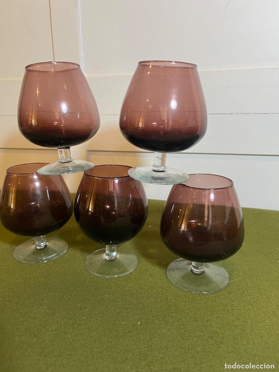 Vintage: Juego de 5 copas bal&oacute;n de cristal color amatista vintage para co&ntilde;ac brandy licor a&ntilde;os 70-80