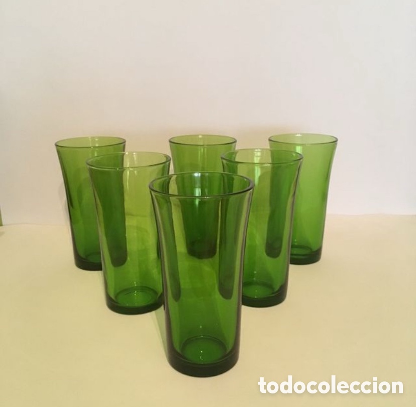 Vintage: Juego seis vasos altos whisky Duralex verde vintage
