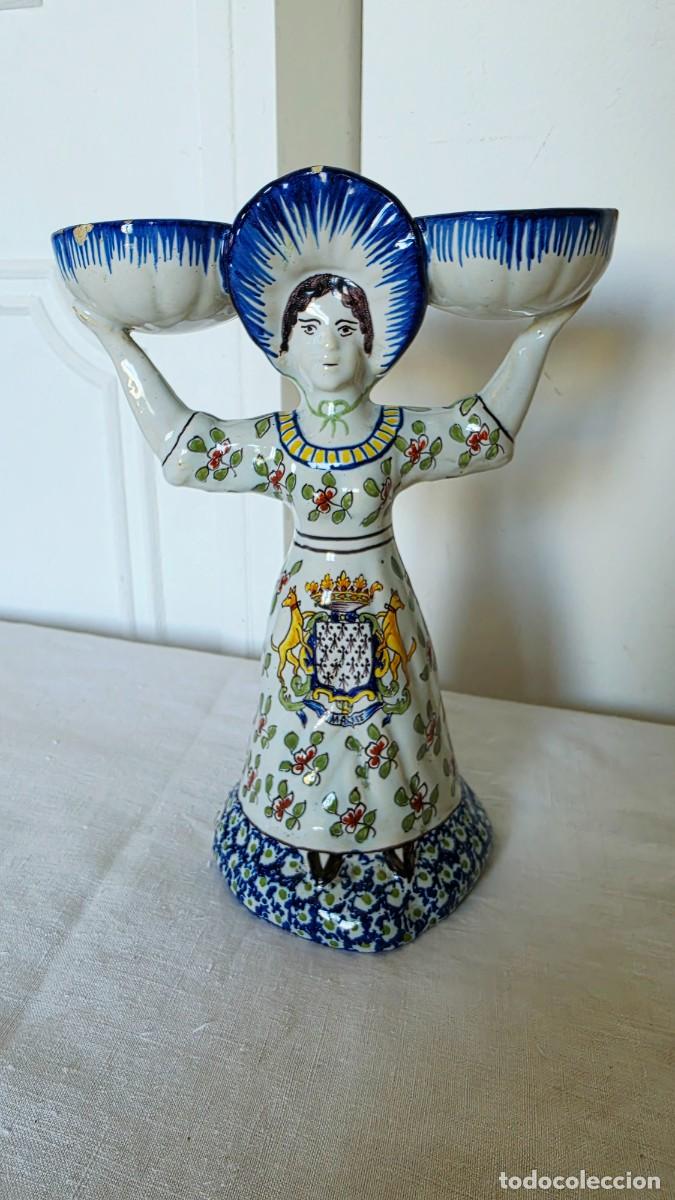 Vintage: Exclusivo Especiero/Saliere de Loza de Quimper Escudo Breta&ntilde;a &rdquo;A Ma Vie&rdquo; Vintage Folk Art franc&eacute;s