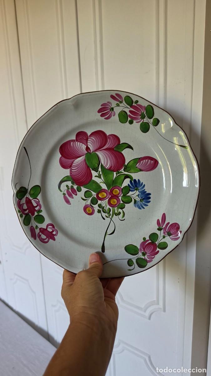 Vintage: Gran Plato Antiguo de Loza Francesa Esmaltada Pintado a Mano Estilo R&uacute;stico Flor Strasbourg 1900