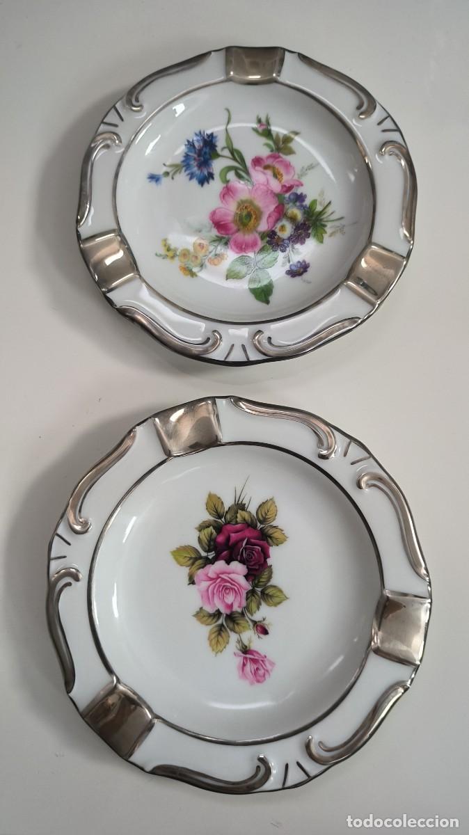 Vintage: 2 ceniceros porcelana Artlynsa decorado a mano con plata de ley.