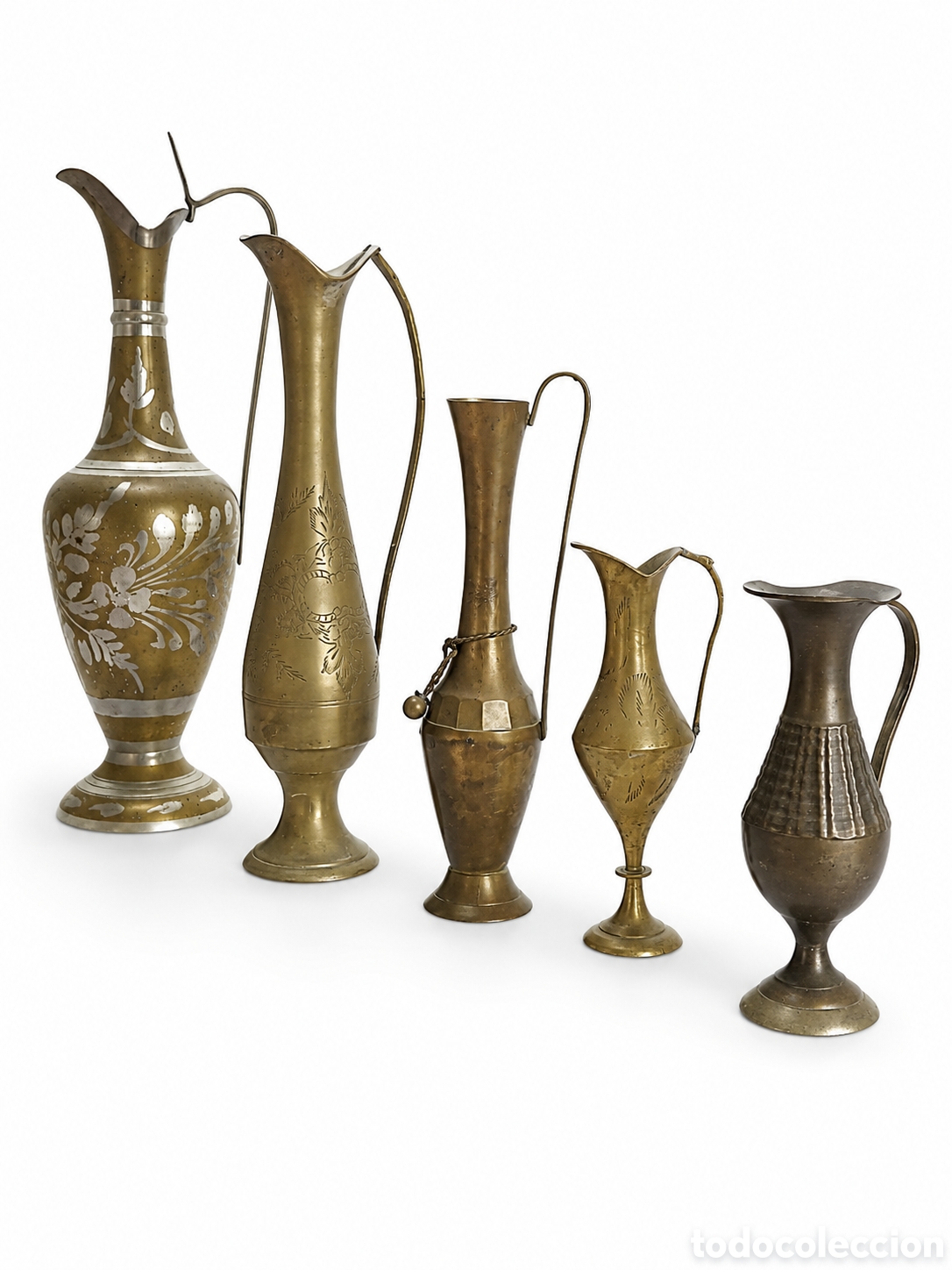 Vintage: Lote 5 jarrones laton metal tipo ind&uacute;