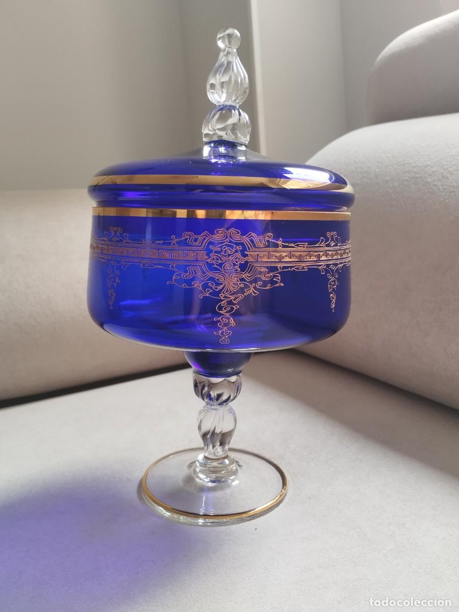 Vintage: Antigua Bombonera/Caramelera con tapa de cristal de Bohemia &ndash; Azul CobaltoyOro &ndash; Vintage A&ntilde;os 60-70