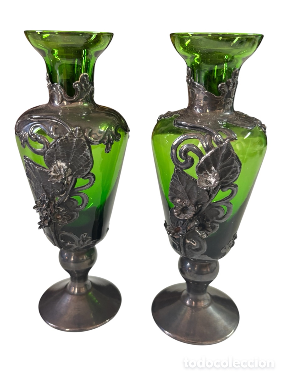 Vintage: Preciosa pareja de jarrones, Cristal y Plata.