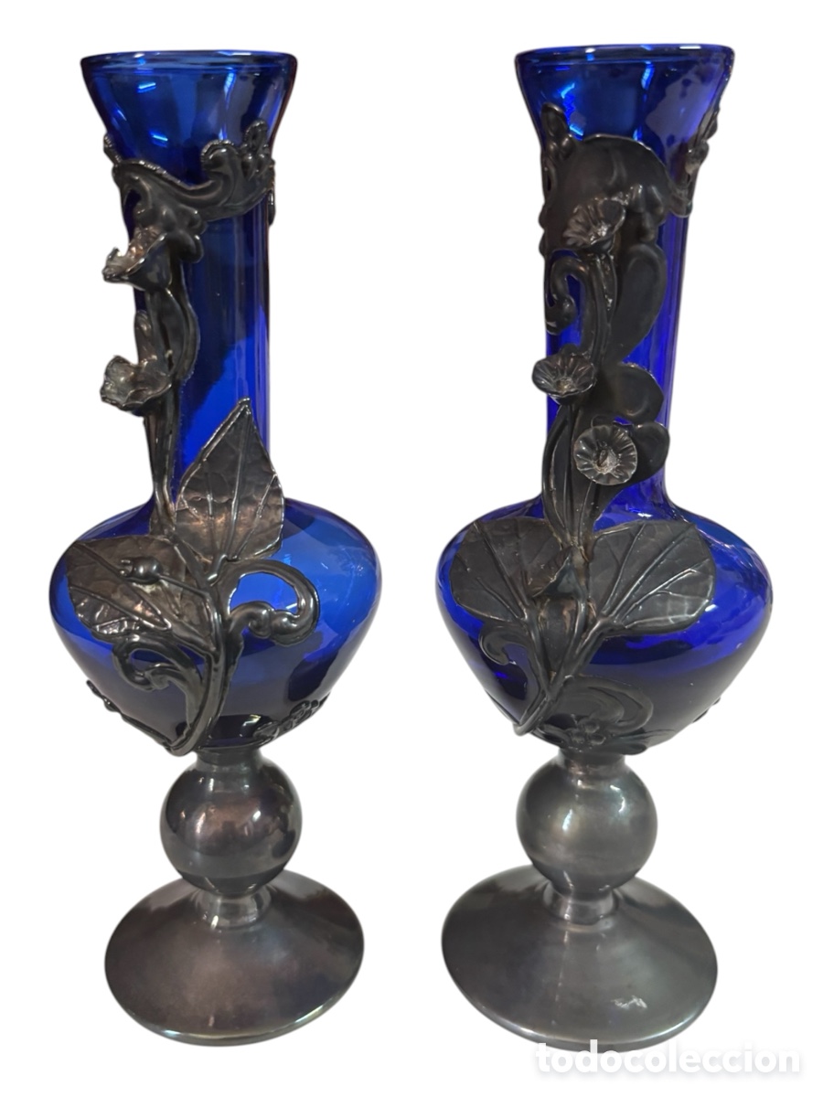 Vintage: Preciosa pareja de jarrones antiguos de Cristal y Plata