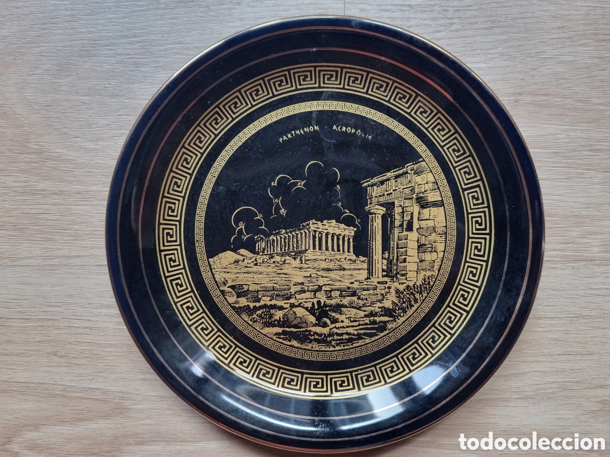 Vintage: Precioso plato de cer&aacute;mica y oro 24 K de Atenas (Grecia). Hand Made. 21 cm di&aacute;metro. Partenon.