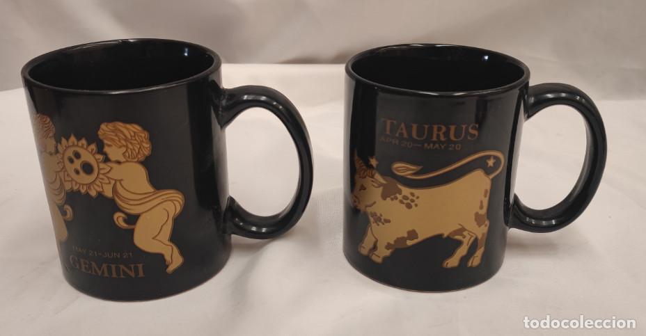 Vintage: JUEGO DE 2 TAZAS NEGRAS DE PORCELANA DEL ZODIACO, TAURO Y GEMIIS, TAURUS & GEMINI