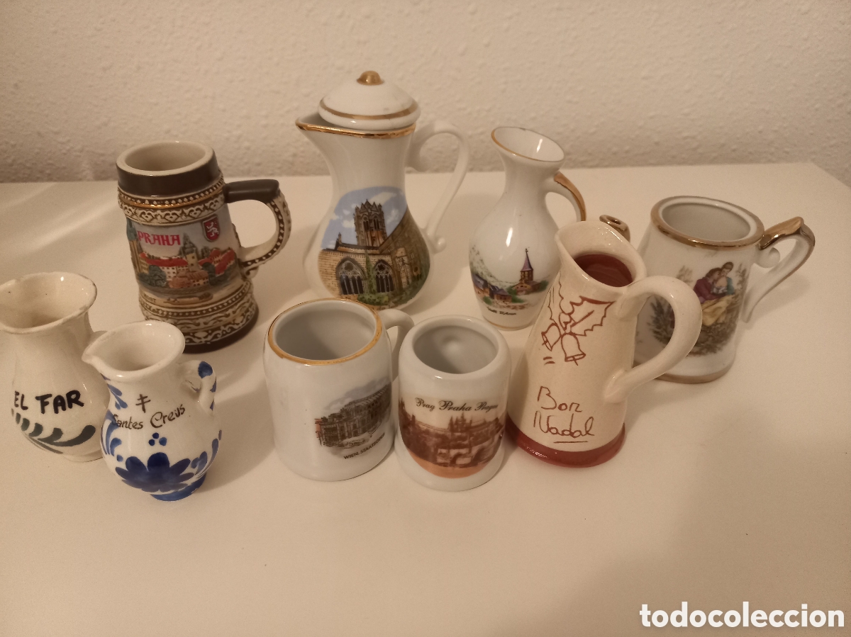 Vintage: Lote 9 mini jarras y tazas cer&aacute;mica vintage