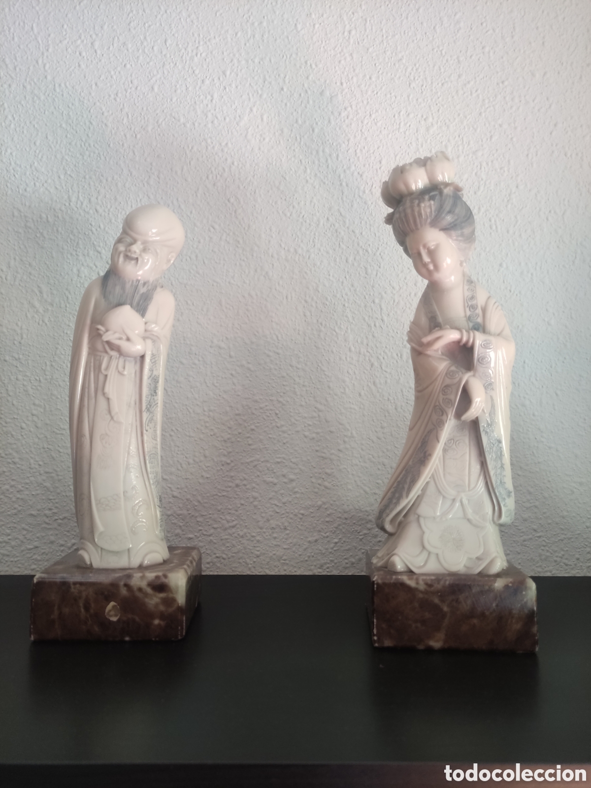 Vintage: Pareja de figuras orientales vintage de marfilina (Shou Lao y Dama Celestial)