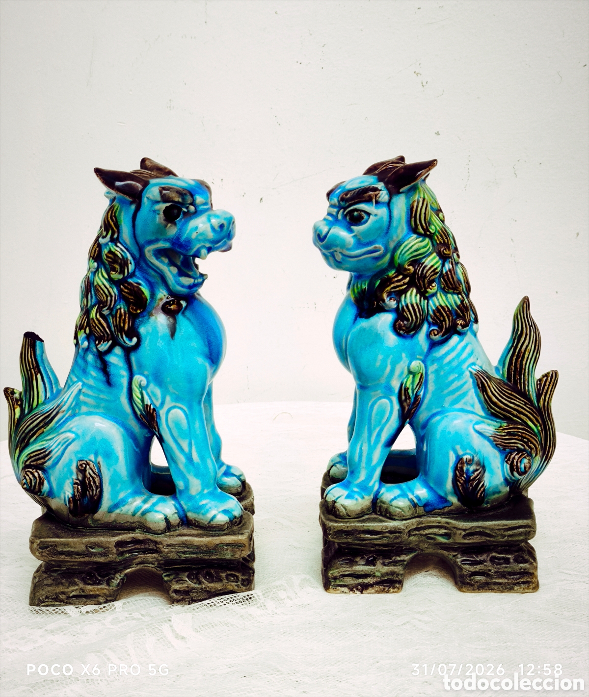 Vintage: Pareja de Leones Guardianes Komainu / Perros de Fu Turquesa (Cer&aacute;mica Vintage