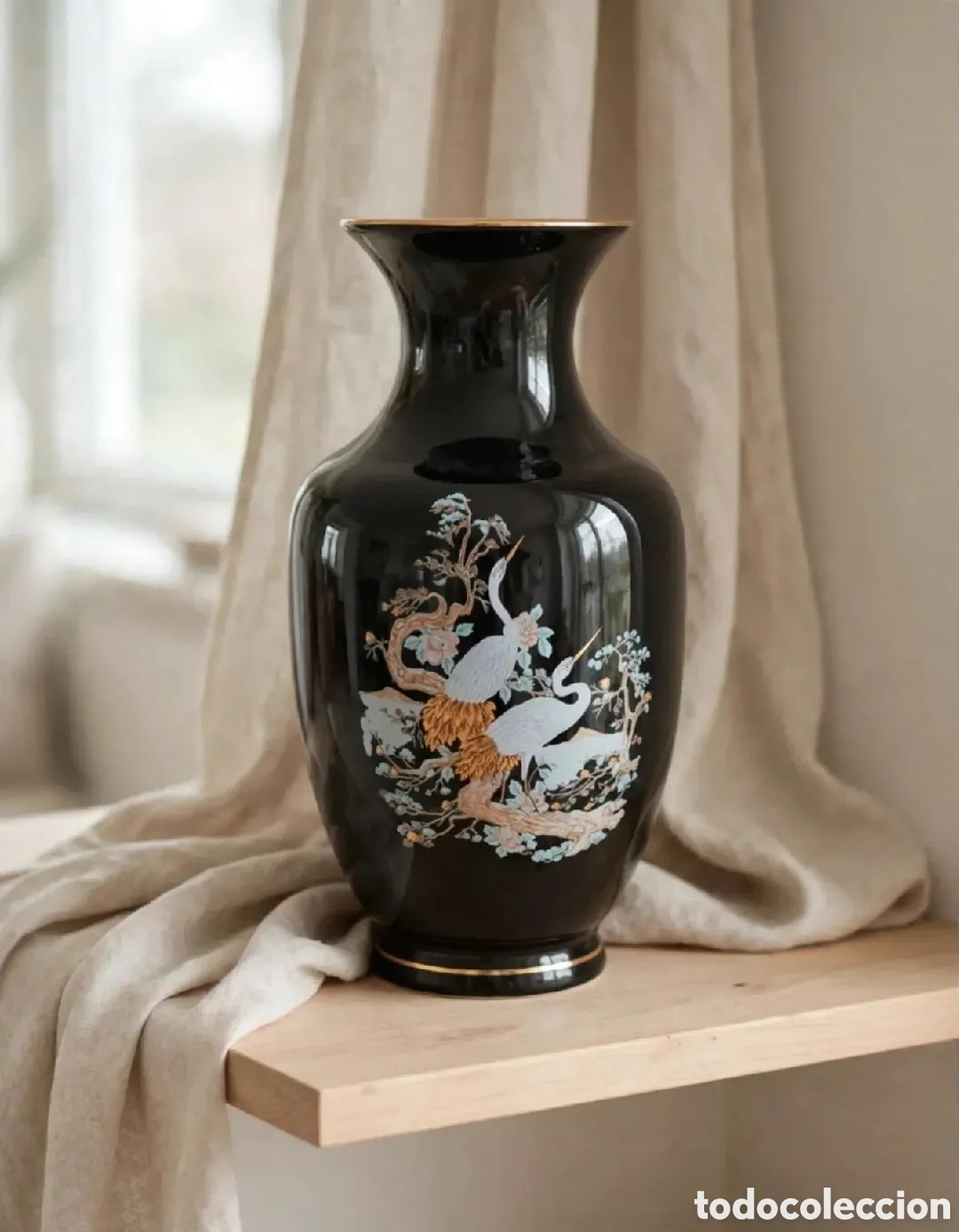 Vintage: JARR&Oacute;N VINTAGE PORCELANA NEGRA 28x12 cm GRULLAS JAPONESAS ESTILO KUTANI ORO