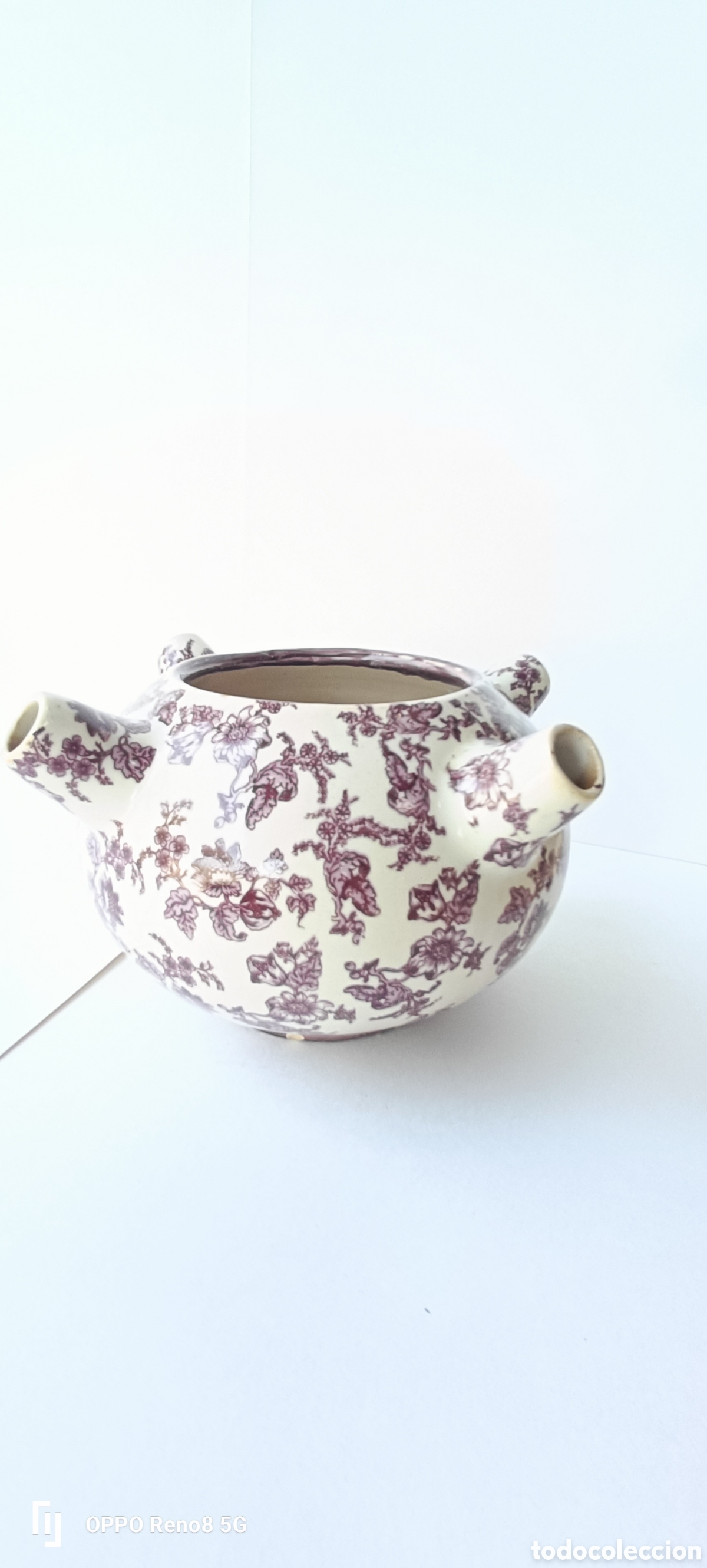 Vintage: Jarr&oacute;n/centro de mesa de cer&aacute;mica esmaltada con 4 pitorros.