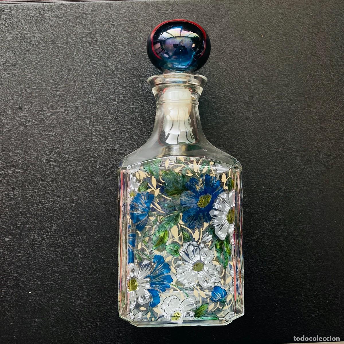 Vintage: Bottiglia con tappo sferico in vetro decorata dipinta a mano motivi floreali - vintage