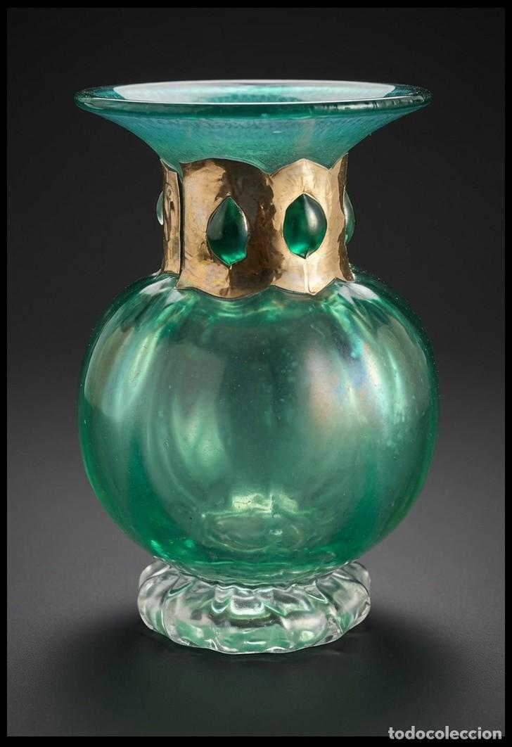 Vintage: Anthony Stern &ndash; Jarr&oacute;n de cristal de estudio verde iridiscente con cuello de plata superpuesta